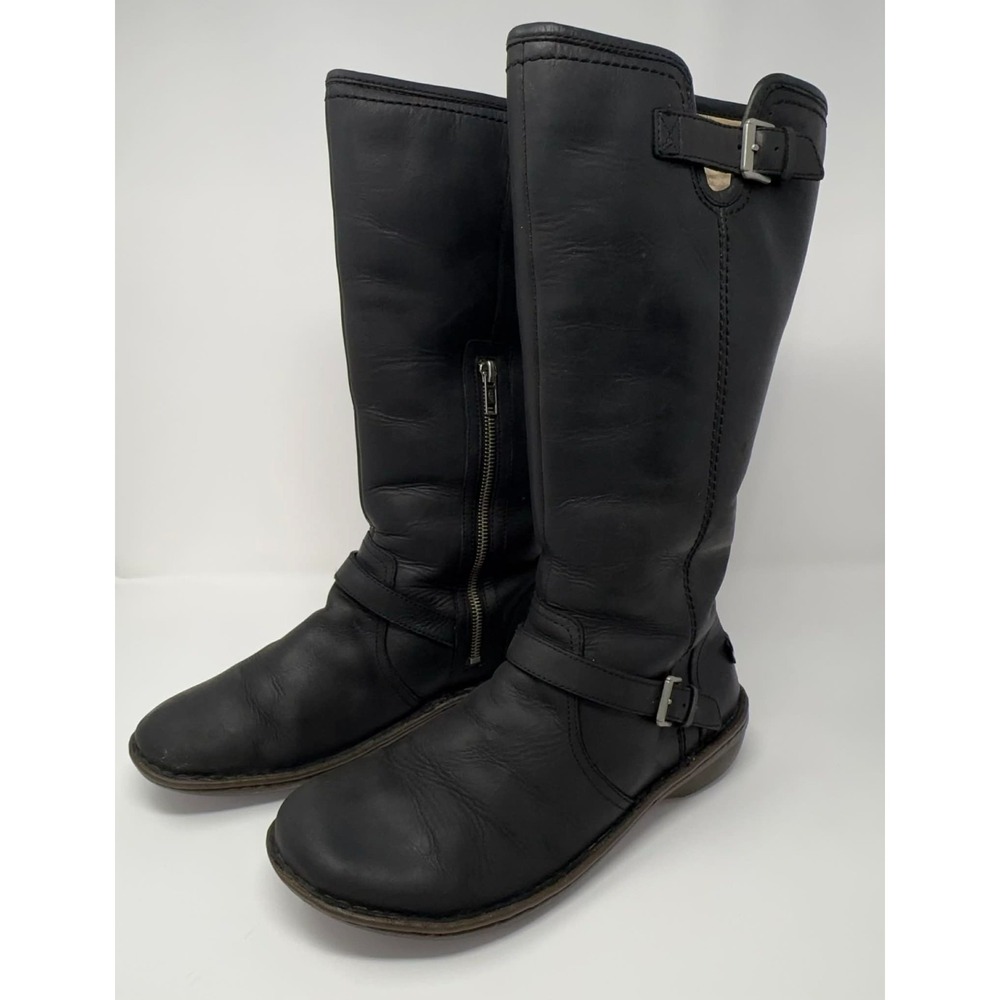 UGG 1003335 Tupelo Womens 10 Black Leather Tall Sheepskin Lined Riding Boots Zip
